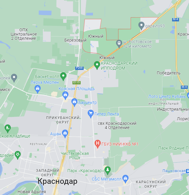 Поселок Южный на карте Краснодара